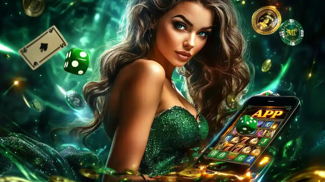 An enchanting woman surrounded by cards, dice, and coins, alongside a smartphone featuring the bgd22 bet gaming app.