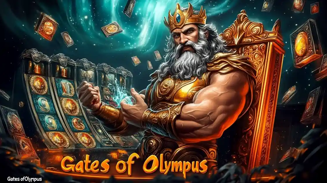 A majestic Zeus figure on a golden throne, surrounded by floating cards and a bgd22 bet slot machine, with Gates of Olympus prominently displayed, inviting players to a mythical gaming experience.