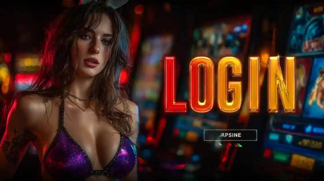 A captivating woman stands beside a LOGIN interface, with bgd22 bet slot machines softly blurred in the background, inviting users to enter the world of bgd22 bet.