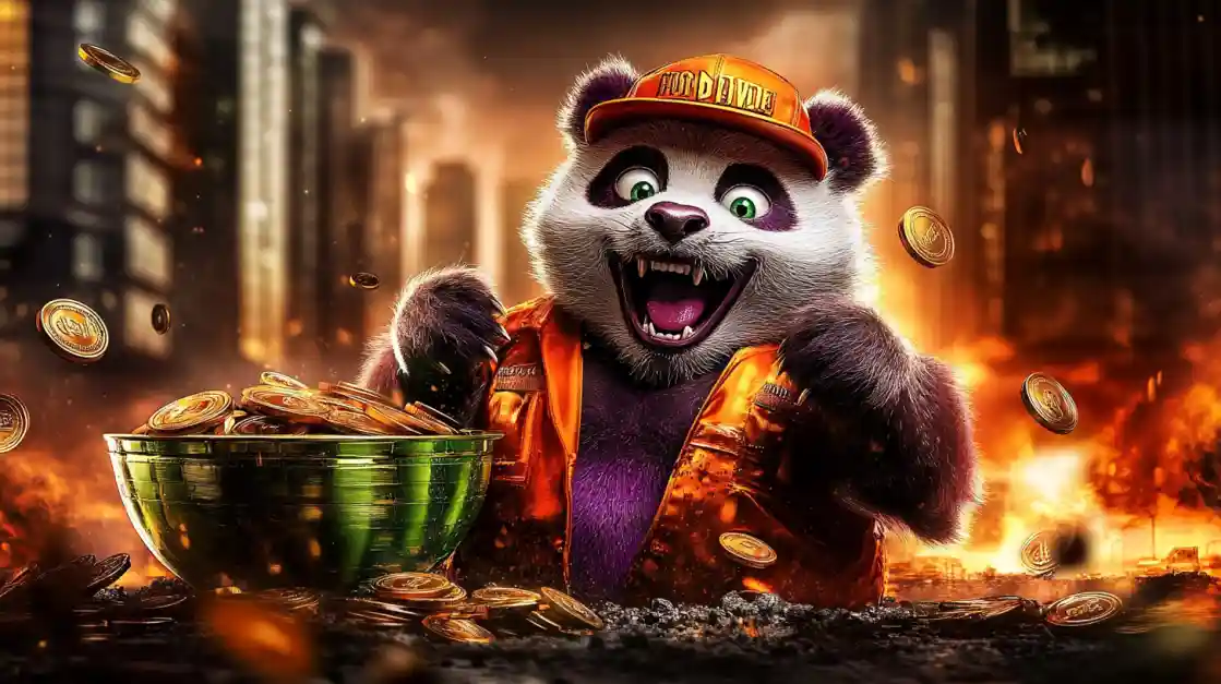 A cheerful panda character surrounded by golden coins, symbolizing wealth and good fortune with bgd22 bet.