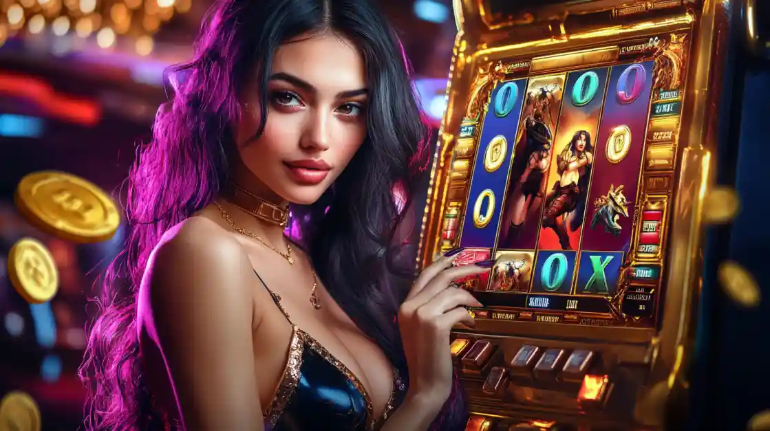 A player standing next to a slot machine.