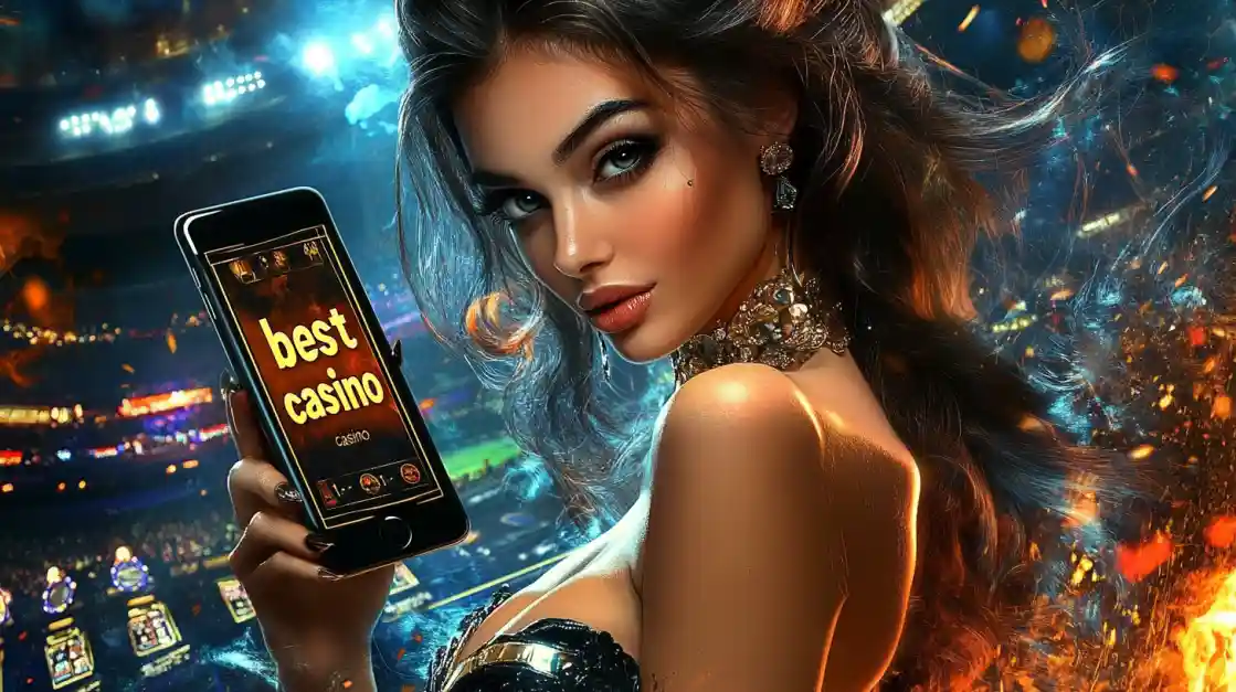 A woman holding a phone showcasing the bgd22 bet casino app in a vibrant stadium-like setting.