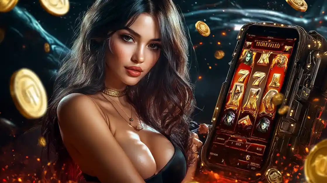 A confident woman holds a smartphone displaying a bgd22 bet mobile slot game with 777 symbols and golden coins.