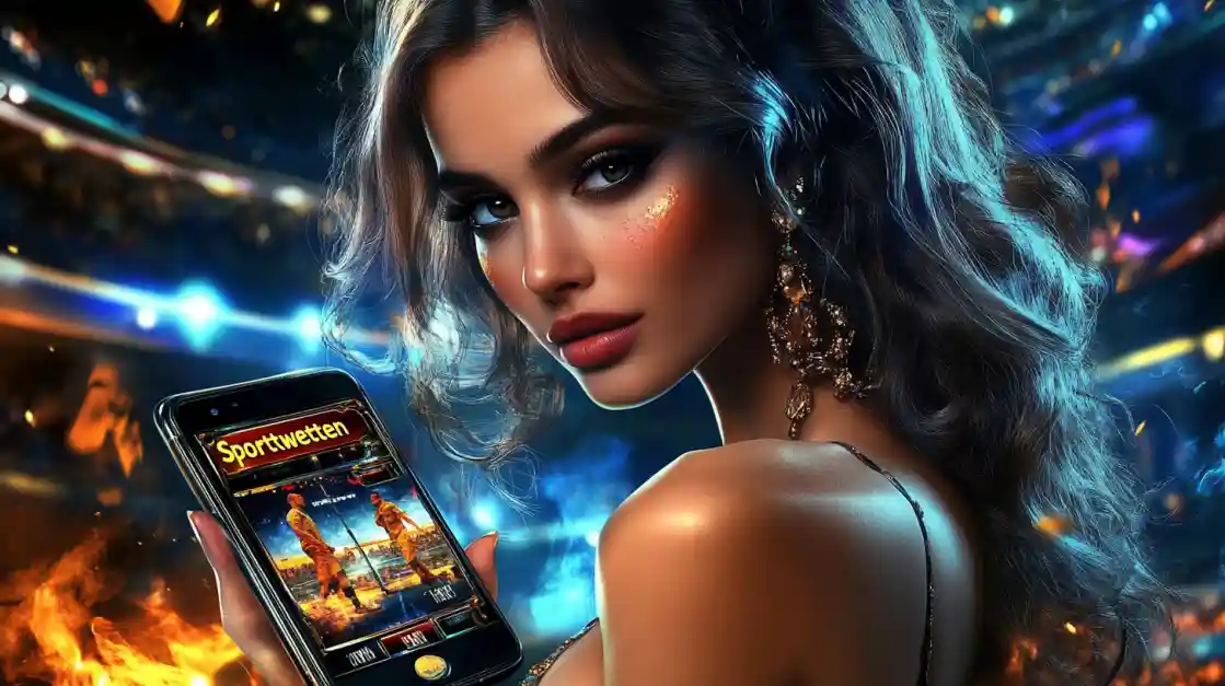A glamorous woman holding a smartphone showing the bgd22 bet sports betting app in front of a stadium backdrop.